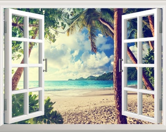Strand-Thema-Wandaufkleber, 3D-Fensteransicht, Strand-Wandaufkleber, abnehmbares Vinyl-Kunstposter, Wandbild, abziehen und aufkleben, Dekor, gefälschter Fensterrahmen, Ozean, Meer