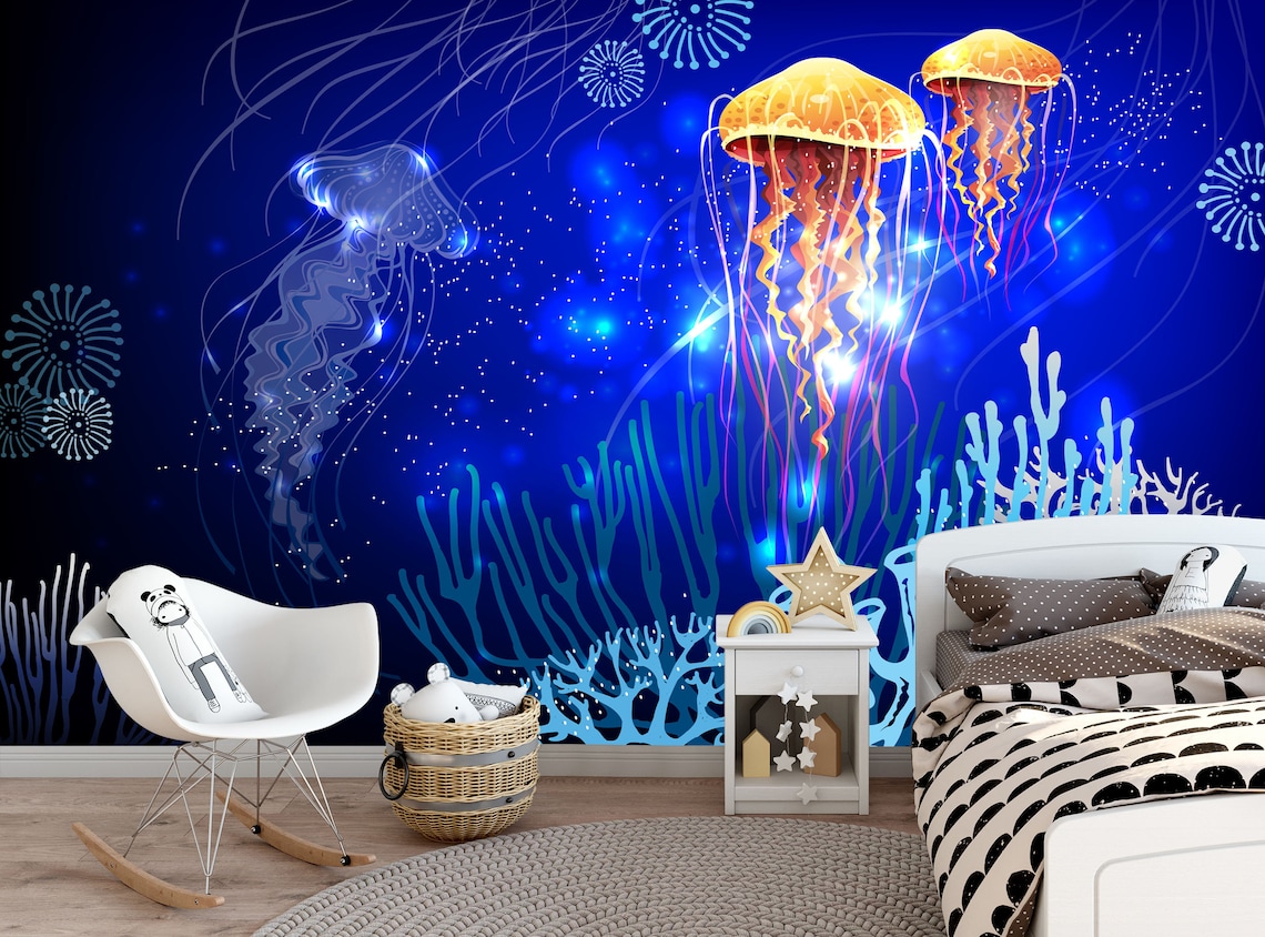 Neon Jellyfish Wallpaper Ocean Wall Mural Peel and Stick Etsy