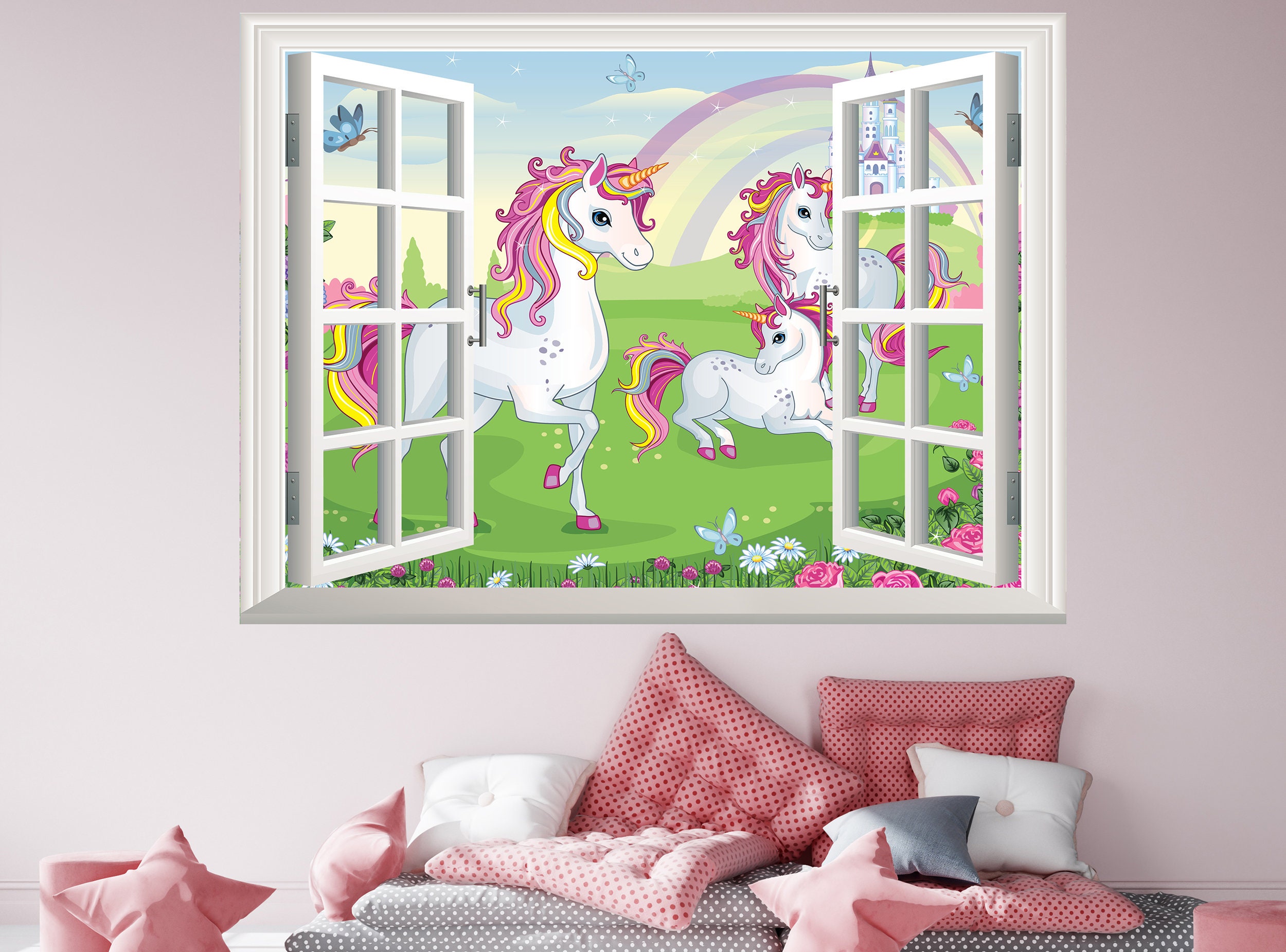 Unicorn Wall Sticker Fairytale Castle Wall Decal 3D Window Effect Removable  Vinyl Art Poster Mural Self Adhesive Decor Kid's Girl's Room -  Hong  Kong