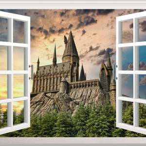 Sunset Wizard Castle Wall Sticker 3D Window Effect View Wall Decal Removable Vinyl Art Poster Mural Self Adhesive Wall Kid's Boy's Room