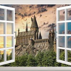 Sunset Wizard Castle Wall Sticker 3D Window Effect View Wall Decal Removable Vinyl Art Poster Mural Self Adhesive Wall Kid's Boy's Room