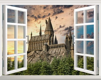 Sunset Wizard Castle Wall Sticker 3D Window Effect View Wall Decal Removable Vinyl Art Poster Mural Self Adhesive Wall Kid's Boy's Room