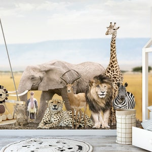 Safari Animals Wallpaper, Peel and Stick, Removable, Wall Mural, Giraffe, Jungle, Tropical Wallpaper, Nursery, Kids Mural, Decal