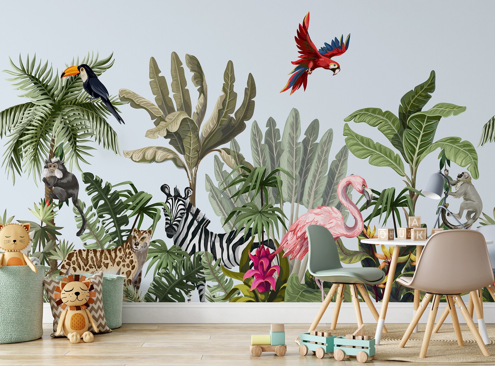 Jungle Wallpaper with Exotic Animals Peel and Stick | Etsy