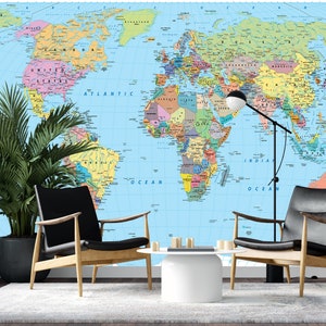 Wereldkaart Fotobehang Muurschildering Verwijderbaar zelfklevend vinyl Peel and Stick Reizen Geografie Continenten Wegen Steden Landen