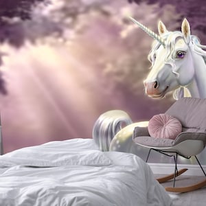 Carta da parati adesiva con unicorno, decorazione per cameretta dei bambini, unicorni, dimensioni personalizzate, decorazione murale per bambini, carta da parati per cameretta delle bambine, arte per bambini