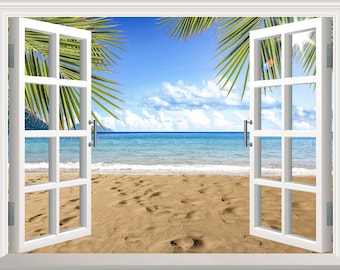 Beach Wall Sticker 3D Window View  Beach Wall Decal Removable Vinyl Art Poster Mural Peel and Stick Wall Decor Window Frame Ocean Sea Mural