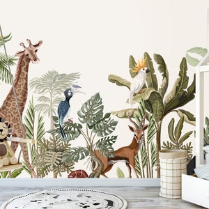 Jungle Wallpaper Safari Animals, Peel and Stick, Removable, Wall Mural, Giraffe, Safari, Tropical Wallpaper, Nursery, Kids Mural, Decal Art