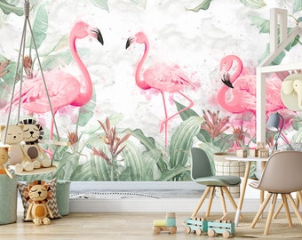 Pink Flamingos Wall Mural, Tropical Wallpaper, Wall décor, Nursery décor, Peel and stick, Animal Self Adhesive Vinyl Removable, Children