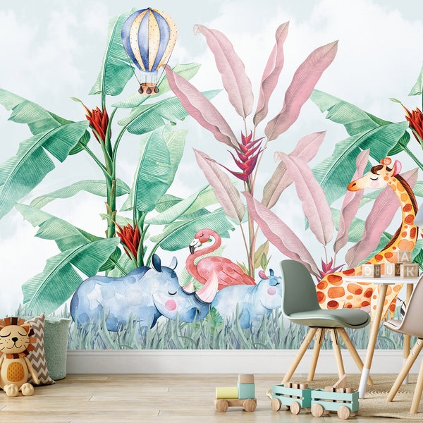 Jungle Animals Wallpaper, Safari wallpaper, Jungle Wallpaper, Wall décor, Nursery, Peel and stick Wallpaper, Removable, Children Kids Tapete