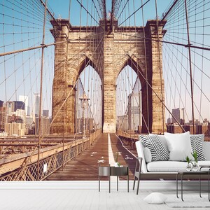 Brooklyn Bridge Wallpaper, City Wall Mural, Peel and Stick Wallpaper, City Wallpaper, Brooklyn Bridge Mural, Removable, Entryway Office Loft