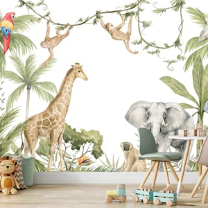 Papier peint sur le thème de la jungle, animaux de safari, papier peint de la jungle, décoration, chambre de bébé, papier peint autocollant, amovible, aquarelle pour enfants et enfants