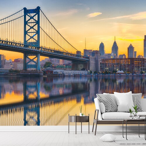 Philadelphia shops Wallpaper, City Wall Mural, Peel and Stick Wallpaper, City Wallpaper, Philadelphia City Skyline Mural Removable Entryway Office
