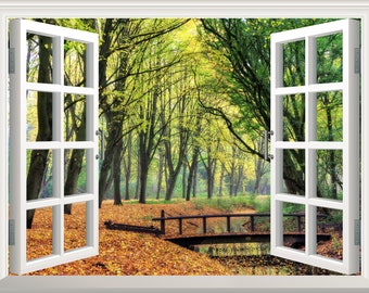 Forest Wall Decal Wall Sticker 3D Fake Window Decal Effect View Landscape Wall Decal Removable Art Wallpaper Mural Decor Poster Vinyl Decals
