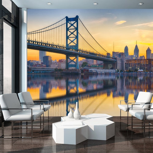 Philadelphia shops Wallpaper, City Wall Mural, Peel and Stick Wallpaper, City Wallpaper, Philadelphia City Skyline Mural Removable Entryway Office