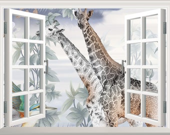 Giraffe Animals Wall Sticker Safari Wall Decal 3D Fake Window Effect Removable Art Poster Wallpaper Mural Decor Kids Room Watercolor Nursery