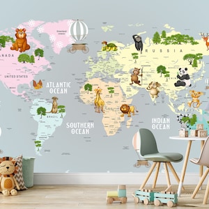 Kinder Weltkarte mit Tieren Wallpaper entfernbare Wandbild Kinderzimmer Spielzimmer Kinderzimmer Kunst Selbstklebende Flugzeuge Peel and Stick Tapete