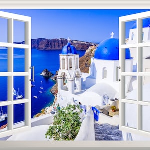 Adesivo da parete Santorini, adesivo da parete con sfondo Grecia, effetto finestra 3D, vista sulla chiesa, decalcomania greca, rimovibile, in vinile, adesivo murale, decorazione da parete, poster