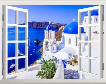 Santorini Wall Decal Greece Backdrop Wall Sticker 3D Efecto ventana Ver Iglesia Greek Decal Vinilo extraíble Art Decal Mural Decoración póster