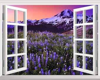 Bergblumen Wandaufkleber 3D Fenster Blick Wandtattoo Removable Vinyl Poster Wandbild Peel and Stick Decor Florale Landschaft Natur Wandbild Art