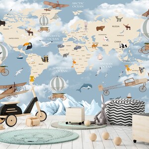 Kinder Weltkarte Tiere Wallpaper entfernbares Wandbild Kinderzimmer Spielzimmer Kinderzimmer Kunst Selbstklebende Flugzeuge Peel and Stick Tapete