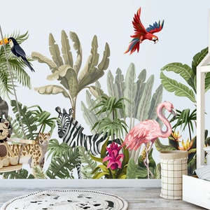 Papier peint animaux de la jungle, amovible, décoration murale, girafe, safari, papier peint tropical, chambre de bébé, décoration murale enfant, décalcomanie