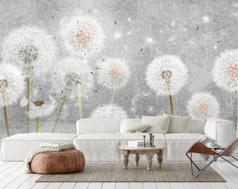 Dandelions Concrete Wallpaper, Grey, Self Adhesive, Peel and Stick Wallpaper, Concrete Textures Wall Mural, Removable Wallpaper Decor