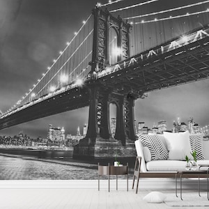 New York City Wallpaper, City Wall Mural, Peel and Stick Wallpaper Night View Black & White Wall Mural, Removable, Lounge Office Loft Modern