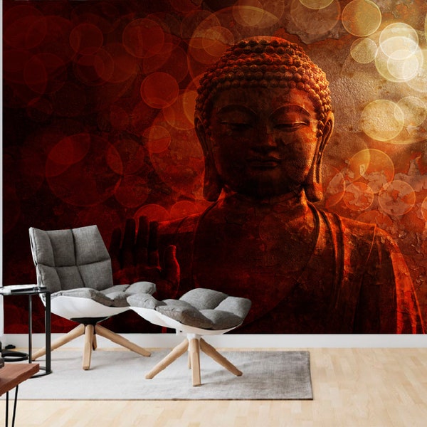 Papier peint Bouddha rouge bronze, décoration murale avec palmier surélevé, statue de Bouddha, papier peint autocollant, papier peint tendance, décoration murale amovible pour chambre à coucher