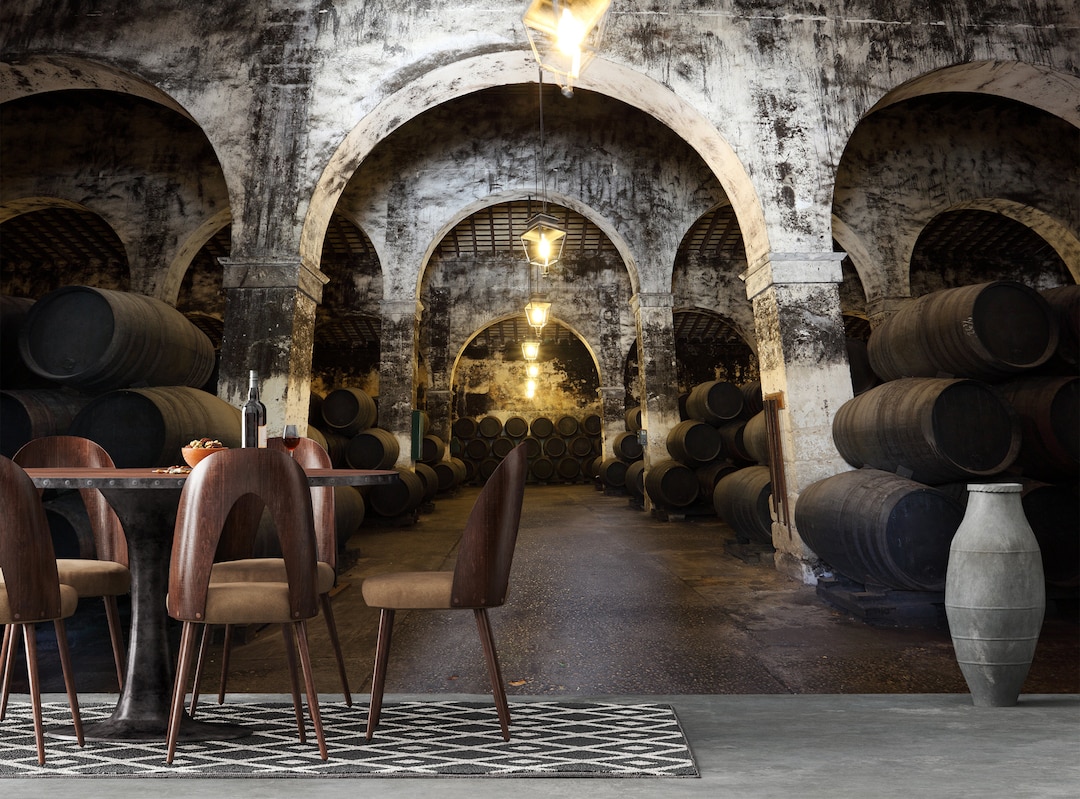 View of Bar Wallpaper, Peel and Stick Wine Cell Mural, Cellar Wallpaper ...