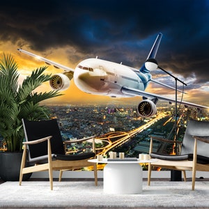 Airplane Wallpaper, Peel and Stick Wallpaper, Removable Vinyl, Airplane Wall Mural, Night City Runway Decor Entryway Office Aircraft Plane
