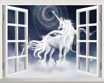 Unicorno Adesivo da parete Fiaba Decalcomania da parete 3D Falso effetto finestra Rimovibile Vinile Arte Poster Murale Carta da parati Decor Bambini Ragazze Stanza Nursery