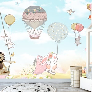 Kids Wallpaper, Cartoon Animals Balloons, Wall Mural, Peel and stick, Children Wall Mural, Nursery Wallpaper, Removable, Self Adhesive Decor