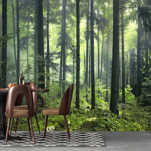 Forest Wallpaper, Forest Wall Mural, Peel and Stick Wallpaper, Self Adhesive Foggy Forest Nature Tree Mural Woodland Wall Art Wall Decor