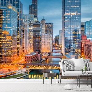 Carta da parati murale della città di Chicago, carta da parati adesiva, carta da parati della città, murale, carta da parati rimovibile con lo skyline di Chicago, paesaggio urbano dei grattacieli