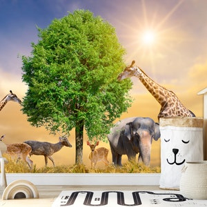 Dschungel Tapete Safari Tiere, Schälen und Aufkleben, Wieder ablösbar, Wand Wandbild, Giraffe, Safari, Tropische Tapete, Kinderzimmer, Kinder Wandbild, Decal Art