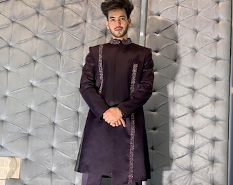Purple Wedding Sherwani Kurta Set, Indian Mens Clothing