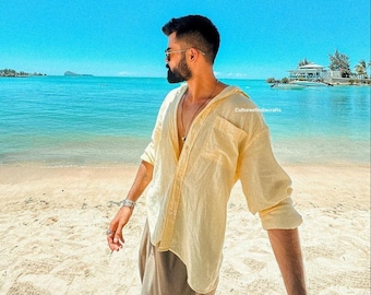 Linen Shirt, Mans button up, Mans Clothing, Off-White Colour, High Quality, Beach wear, Vacations, Plus size available.