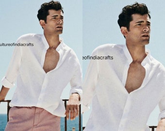 White Linen Indian Shirt, Mens Button Up, Plus Size
