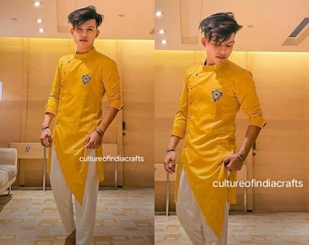 Yellow Cotton Blend Mens Kurta, Indian Ethnic Wear, Pajama Set