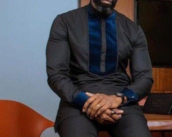 Traje africano para hombre, dashiki de mezcla de algodón, parche de terciopelo azul.