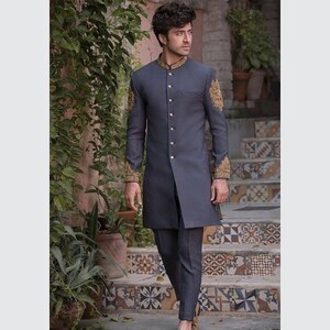 Wedding Sherwani kurta, Kadhaai Kurta, Mens Shirt, Achkan, Mens Clothing, Black-Grey Color, High Quality, Party kurta, Plus size available.