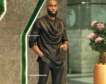 Silk Cotton African Mens Outfit, Solid Color Party Set