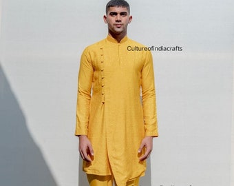 Yellow Cotton Blend Kurta Pajama Set, Ethnic Mens Clothing
