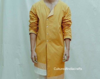 Yellow Cotton Blend Mens Kurta, Indian Ethnic Clothing