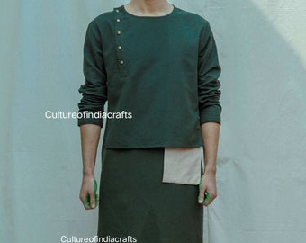Green Cotton Blend Kurta Pajama Set, Ethnic Mens Clothing