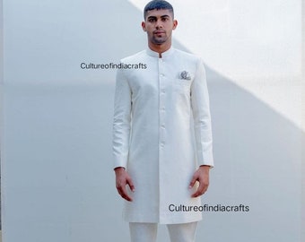 White Cotton Sherwani Style Kurta Pajama Set, Ethnic Mens Clothing
