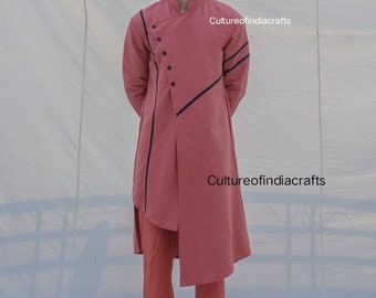Peachy Pink Cotton Blend Kurta Pajama Set, Ethnic Mens Clothing