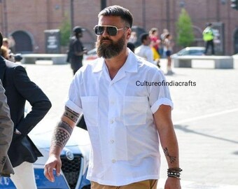 Camisa de lino y algodón para hombre, estilo indio, con botones, talla grande