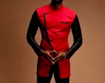 African Men's Suit, Dashiki, Groom Wedding Outfit, Black Red Cotton